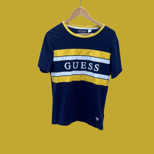 guess yellow navy and white t-shirt - Liffey Vintage